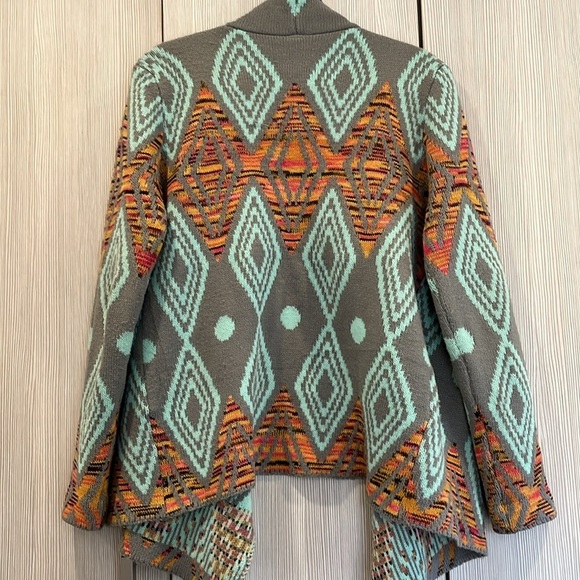 Petrol | Aztec Print Open Front Cardigan | Aqua,‎ Grey, Orange | Small/Medium - Picture 4 of 9